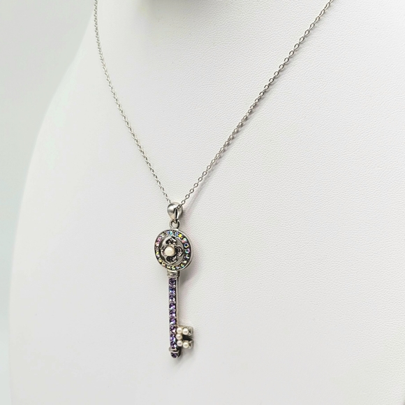 Kirks Folly Purple Aurora Borealis Key Necklace with White Pearl in Silver - Picture 8 of 13